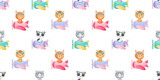 Cute little animals fly on plane seamless childish pattern. Funny cartoon animal character for fabric, wrapping, textile, wallpaper, apparel. Vector illustration