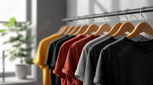 Women's minimalist fashion clothes on a hanger in room, Colourful t-shirts banner