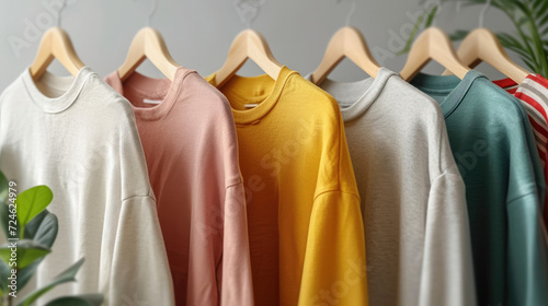Women's minimalist fashion clothes on a hanger in room,  Colourful t-shirts banner