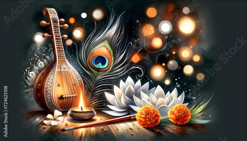 Watercolor style illustration with a veena and decoration on dark background for vasant panchami. photo