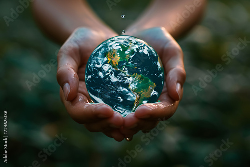 Hands holding a globe with water droplets on green background