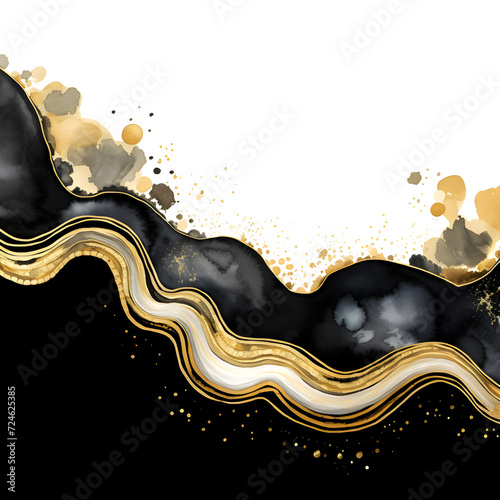 Black and Gold Foil Glitter, Sparkle, Watercolor, Agate Geode Border Frame, Slice, on transparent background, PNG