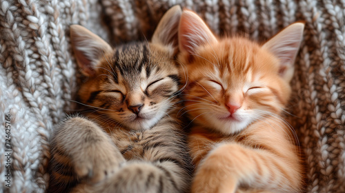 Two little fluffy kittens sleep funny at home on a crocheted blanket. © Алекс Ренко
