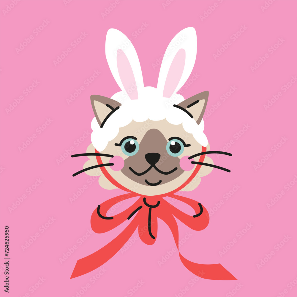 Fototapeta premium Cute cartoon siamese cat wears a white bunny ears hat. Hand drawn vector illustration. Cool pet Easter character card template.