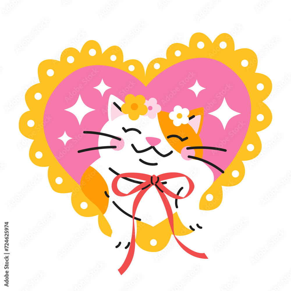 Cute cartoon white and orange cat with a red bow in heart shape frame. Hand drawn vector illustration. Funny Valentine's day character card template. Cute cartoon white and orange cat with a red bow in heart shape frame. Hand drawn vector illustration. Funny Valentine's day character card template.