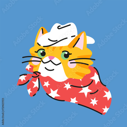 Cute cartoon orange cat with a white cowboy hat and red scarf. Hand drawn vector illustration. Cool pet character card template.