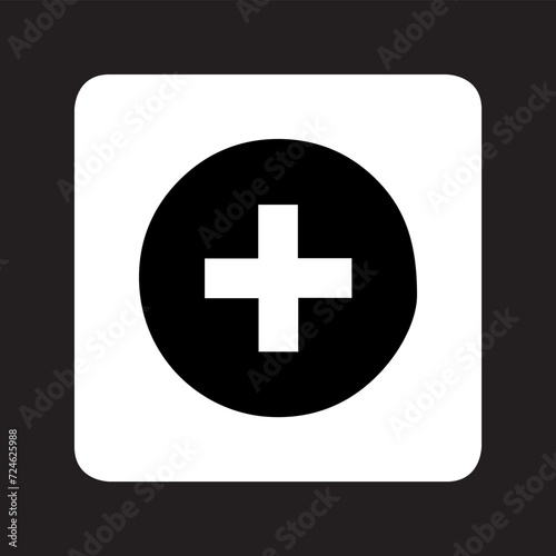 Add icon vector. Plus icon logo design. Medical cross symbol in square isolated on black background