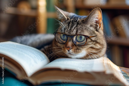 Tabby cat with glasses reading a book