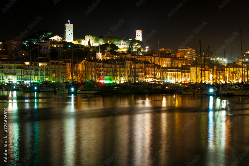 Le Sequet (Old quarter) of Cannes illuminated at night in the south of France