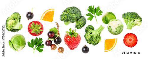 Broccoli, brussel sprout, orange, strawberry, currant, parsley isolated. Flat lay, top view. Vitamin C. PNG with transparent background. Without shadow.