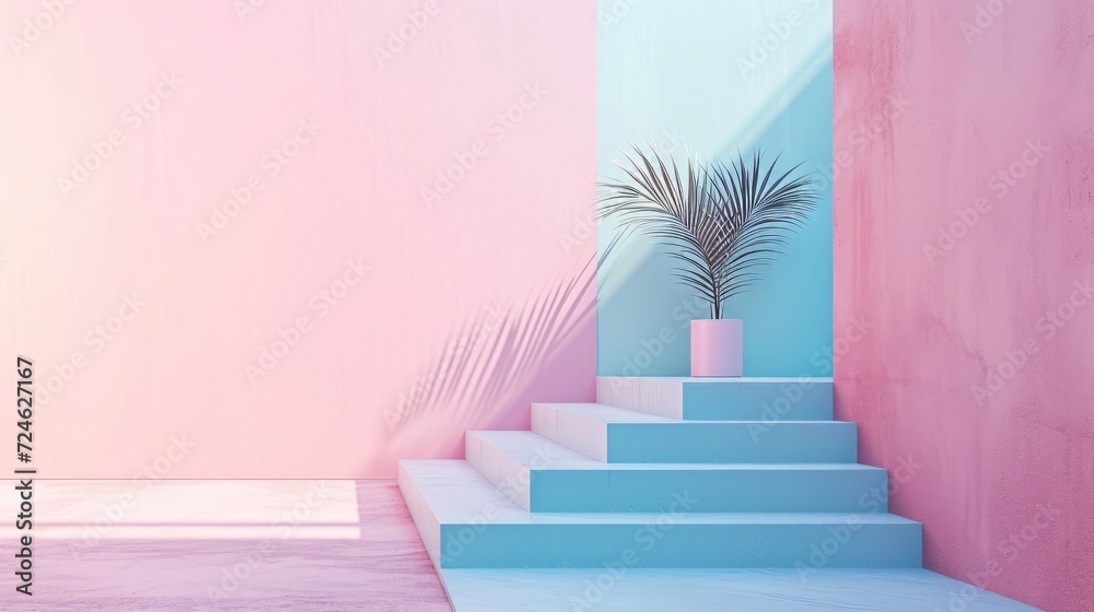 Obraz premium Stairs in trendy minimal interior. Abstract modern geometric style composition 3d rendering