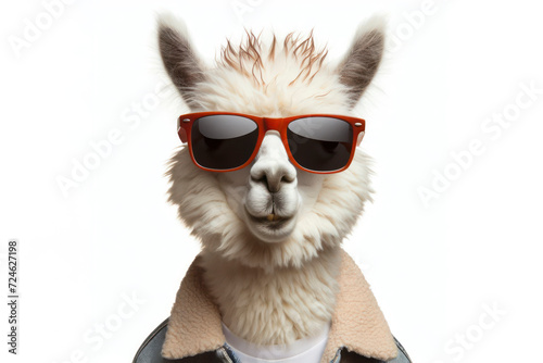 llama with surprised face wear hoody and sunglasses on white background. ai generative
