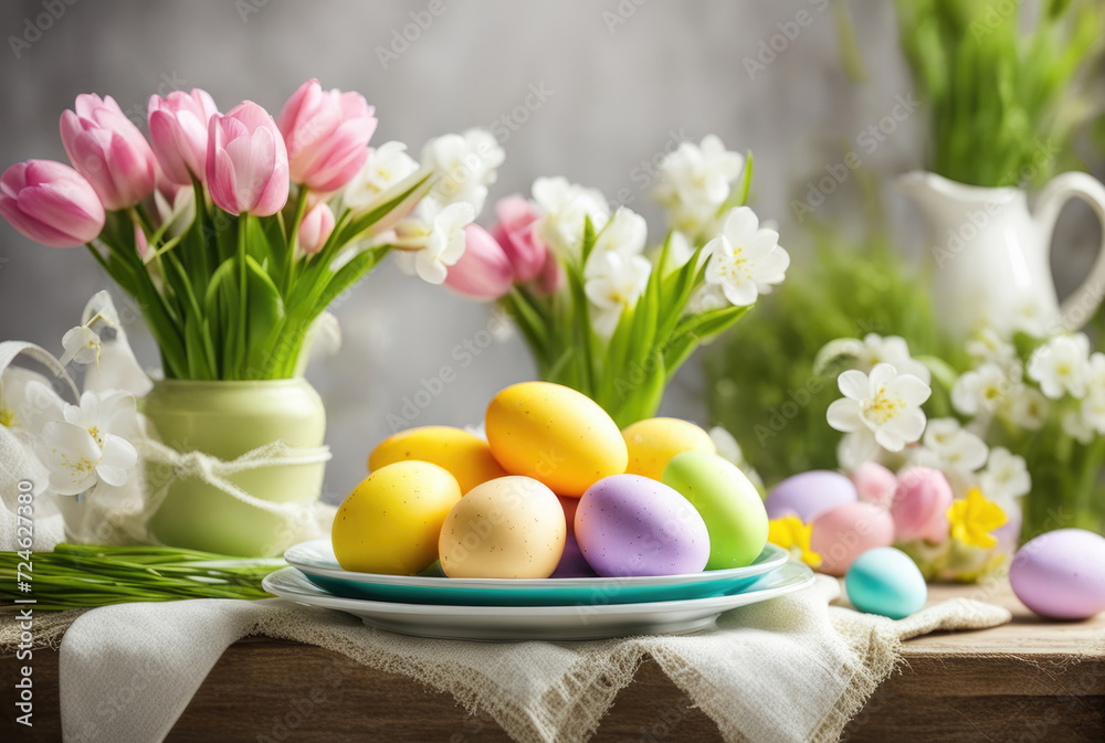 Obraz premium Vibrant Easter Brunch Table with Eggs and Flowers