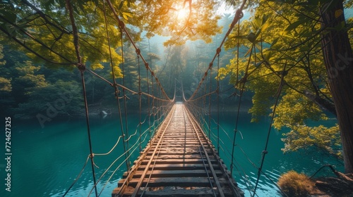 Crossing a Hanging Bridge Over a Beautiful Lake on a Sunny Day