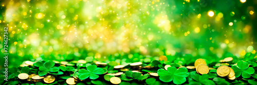 Coins and clover for St. Patrick's Day. Selective focus.