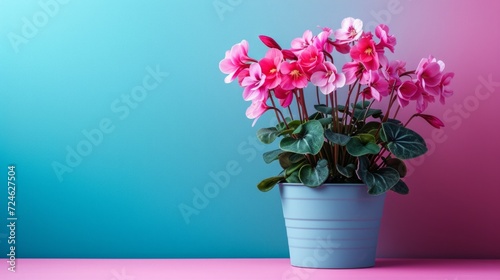 cyclamen flower in pot on minimalist vivid background, large copyspace area photo