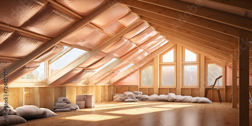 Illustration of Modern interior design Triangle attic room in modern vintage style ,An empty wooden room with a spacious window Generative AI