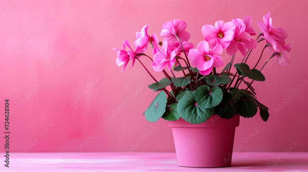 Fototapeta premium cyclamen flower in pot on minimalist vivid background, large copyspace area