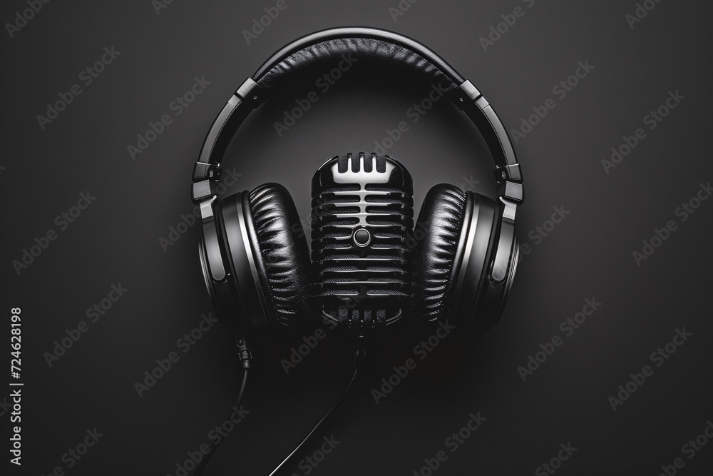 Black headphones and microphone on dark background in monochrome