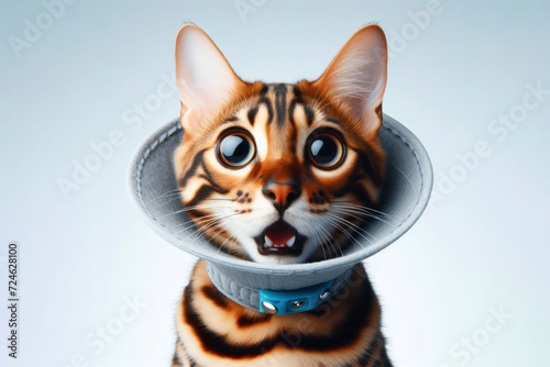 surprised Bengal cat with bulging big eyes in a veterinary protective collar on white background. ai generative