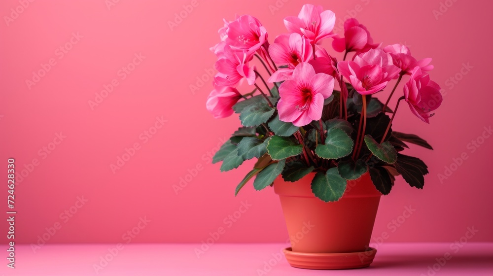 Fototapeta premium cyclamen flower in pot on minimalist vivid background, large copyspace area
