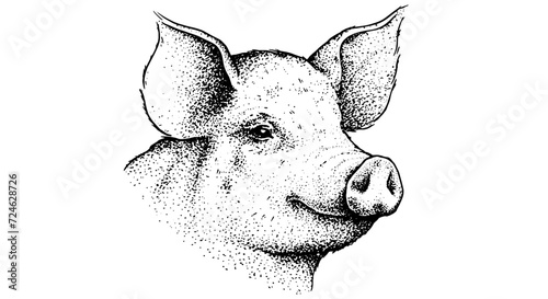 Pork, pig head. Vintage retro print, black white pig sketch ink pencil style drawing, engrave old school. Sketch artwork silhouette head pig, white background. Side view profile. Vector Illustration