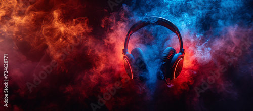 Stereo headphones amidst festive colored smoke, smoke with vibrant light effects and rhythms