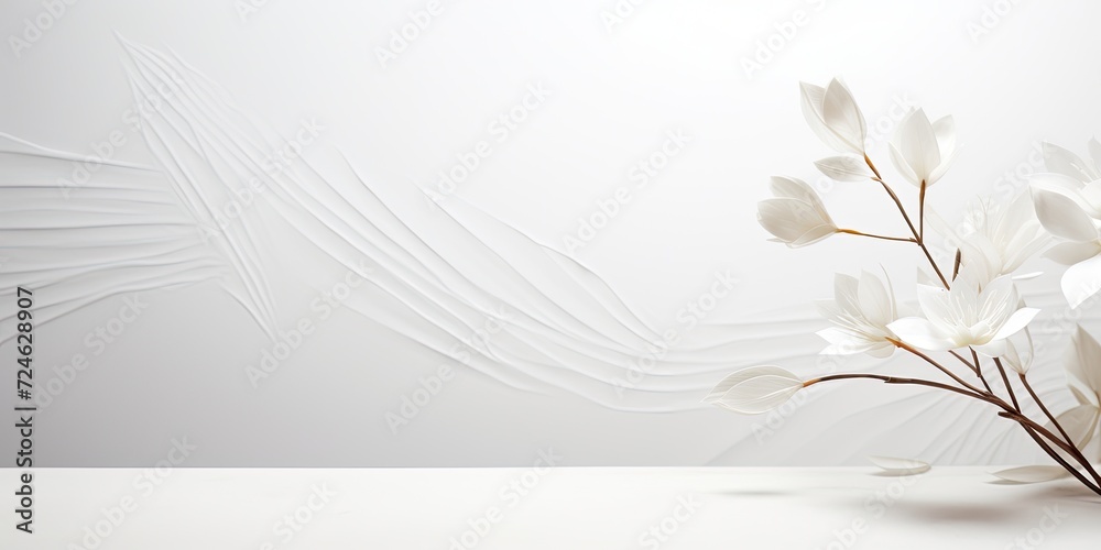 Minimal white studio overlay with abstract leaf and flower textures on an empty table backdrop. Minimal white studio overlay with abstract leaf and flower textures on an empty table backdrop.