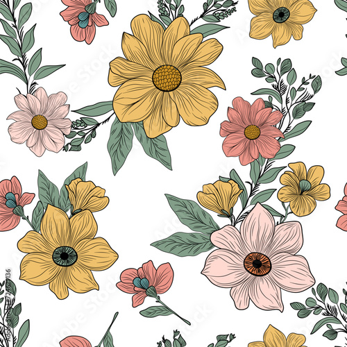 abstract multicolor blooming flowers motif arrangement with medium tone, all over vector design with  background illustration digital image for wrapping paper or textile printing