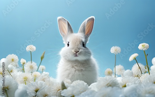 White Easter rabbit, soft and fluffy, standing tall on a serene pastel blue canvas next to the spring flowers