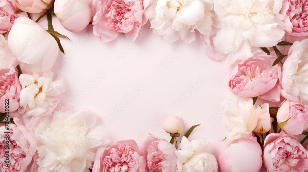 Aesthetic background frame with tender white and pink peonies. Copy space. Invitation or greeting concept. Generative AI Aesthetic background frame with tender white and pink peonies. Copy space. Invitation or greeting concept. Generative AI