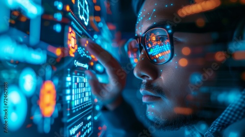 Business professionals actively monitor electronic data security using AI-dri...