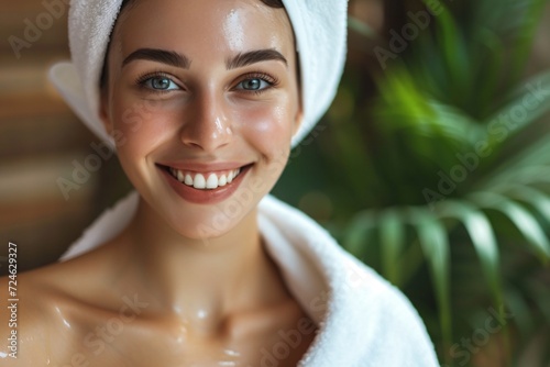 Beauty face and spa. Woman with freckles, clean nourished skin, biting lip and look aside. Girl model using antiaging cosmetics and vitamin c serum for bettet smoother skin tone, white background photo
