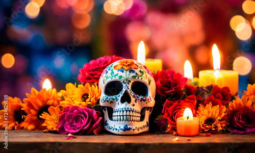 Altar with skull flowers and candles for the Day of the Dead holiday. Selective focus.