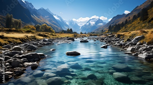 A panoramic view of a hidden turquoise blue lake, tucked away in a remote mountainous region, untouched by human presence