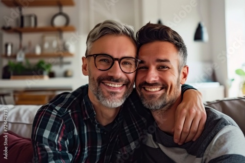 Smiling homosexual couple hugging and looking at camera in living room, Generative AI 