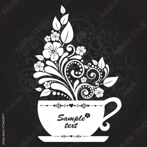 Cute tea time card. Cup with floral design elements. Menu for restaurant, cafe, bar, tea-house. Tea party invitation card with a Cup of tea. vector illustration