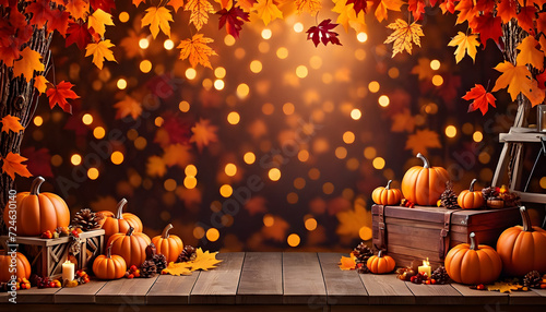 Autumn Harvest Display With Orange Pumpkins and Maple Leaves on Wooden Table backdrop