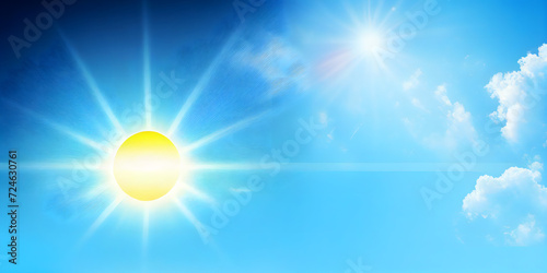 A fresh spring blue sunny sky background with blurred warm sunny glow. Generative AI.