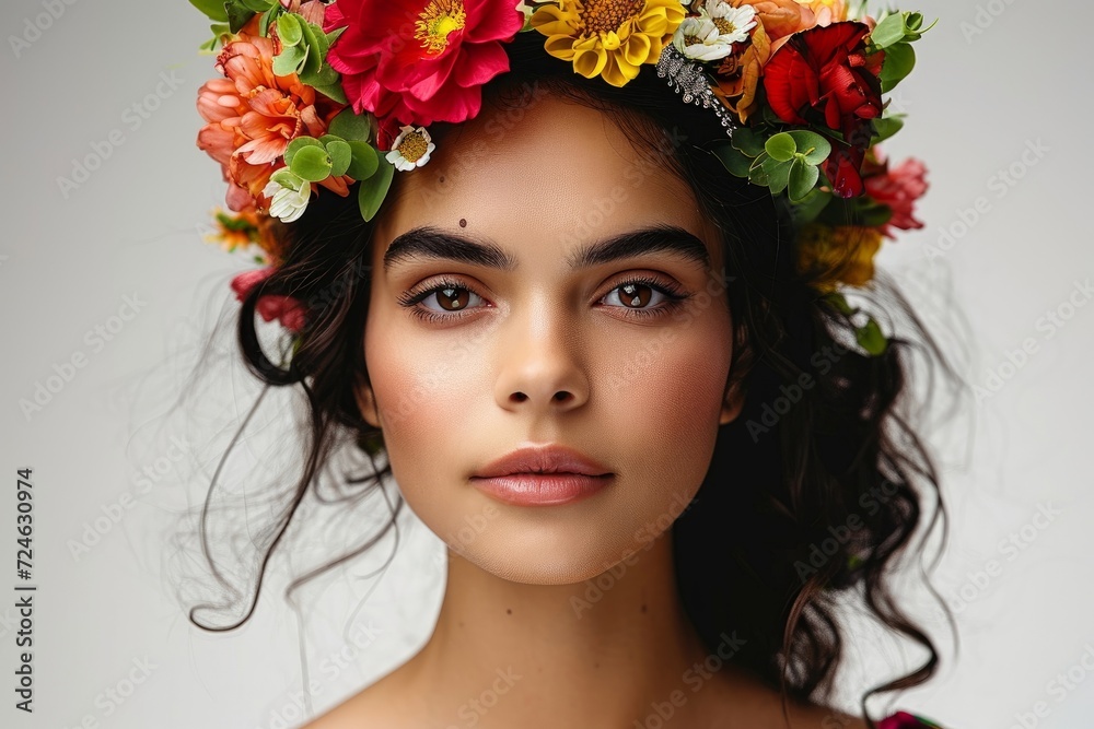 Spanish culture, national Hispanic Heritage Month. Closeup portrait of beautiful young woman with flowers tiara on empty white background, Generative AI 