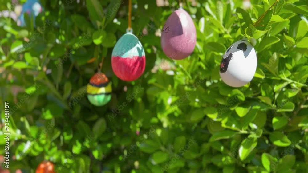 Easter eggs painted by 11-year-old boy hanging on a bush with green leaves. Kid's craft. Sunny outdoor in spring. Easter eggs painted by 11-year-old boy hanging on a bush with green leaves. Kid's craft. Sunny outdoor in spring.
