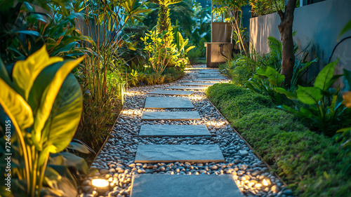 Garden stone walkway with lighted candles in the evening.