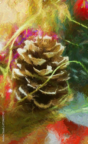 a painting of a pine cone and a branch, closeup