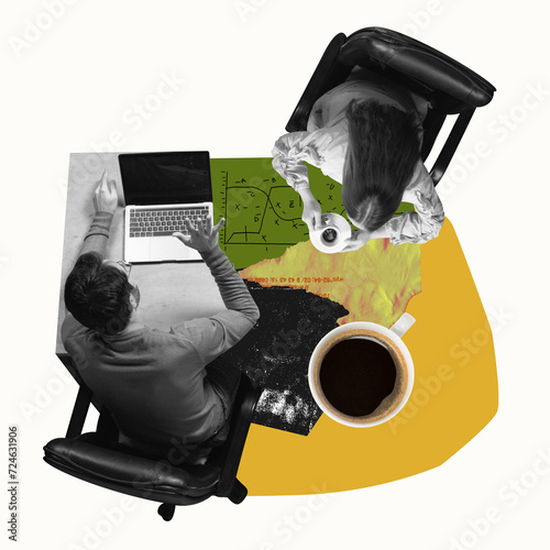 Top view on workplace. Businessman working on laptop with his female trainee. Deadlines, overworking, drinking coffee. Contemporary art. Workshop. Concept of business, career development, teamwork