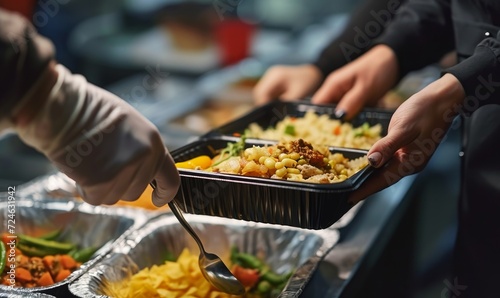 Volunteer hand serving meal to homeless people in shelter. Charity, donation, food distribution to poor people, food aid, food bank, Generative AI 