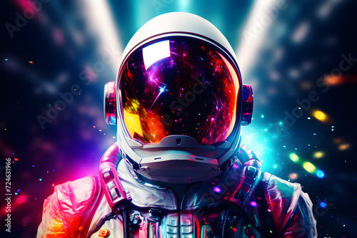 Portrait of Spaceman in glowing helmet, luminous color palette © Oksana