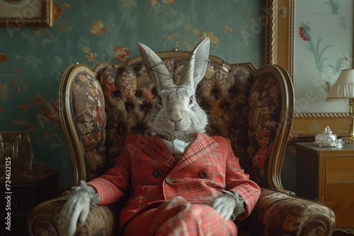 a grey rabbit sitting in his living room in an old stylish armchair, wearing red plaid suit. Surreal easter concept. Generative AI