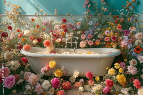 a bathroom with a bathtub full of beautiful fresh colorful flowers on a beautiful sunny day. Leisure lifestyle. Generative AI photo