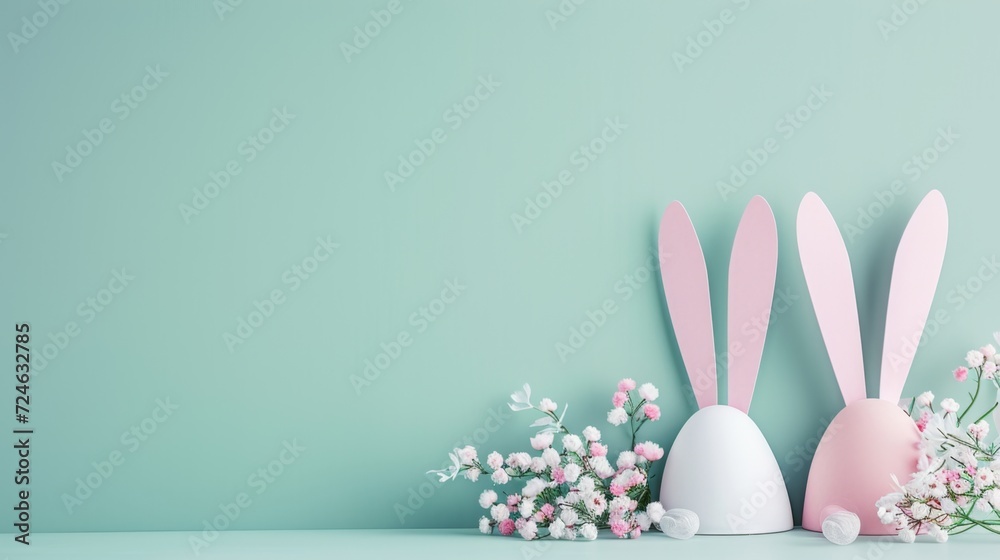 Minimalist Easter Bunny Concept, Pastel Pink and White Rabbit Ears, Soft Floral Decor, Spring Holiday Theme, Simple and Modern Easter Decoration, Creative Seasonal Background for Celebratory Design