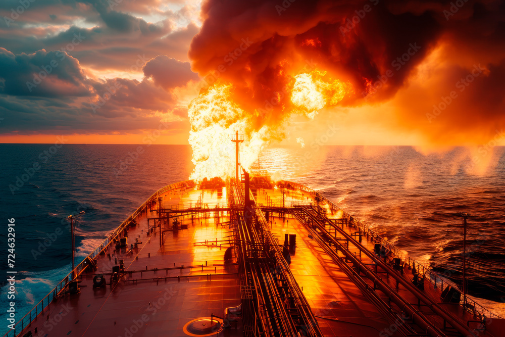 Fire on a cargo ship. A ship carrying crude oil is engulfed in flames. - obrazy, fototapety, plakaty 